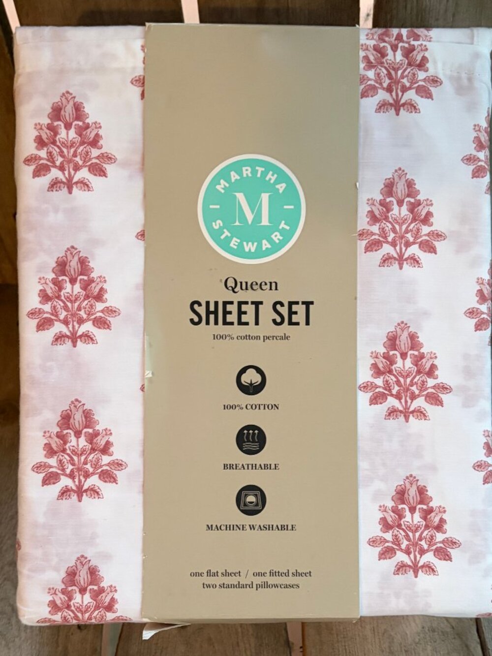 Martha Stewart QUEEN Size DARCY PINK FLORAL 100% Cotton Percale Sheet Set